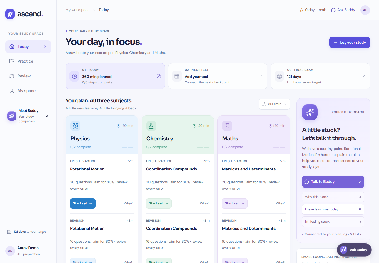 PrepVira workspace showing a daily Physics, Chemistry and Maths study plan and AI study companion