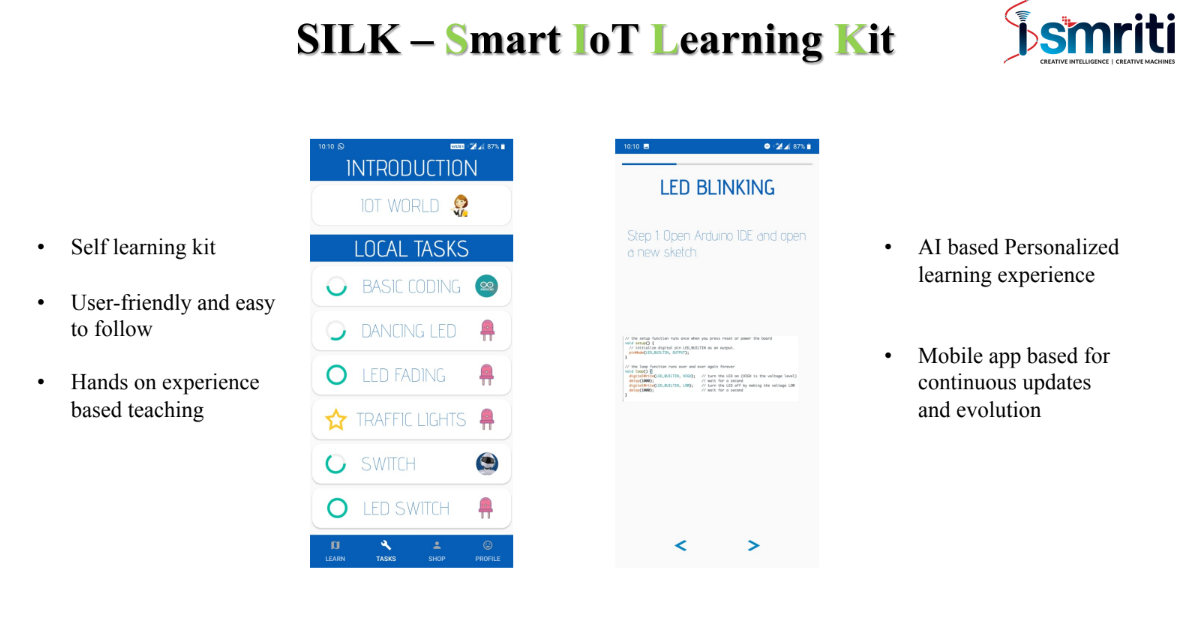 SILK app screen showing basic coding and hands-on IoT learning tasks